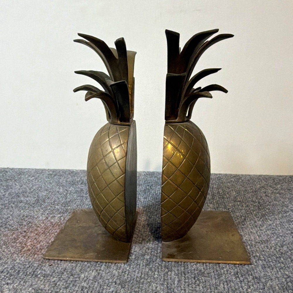 Vintage Brass Pineapple Bookends Pair Made in India Heavy 9" Hollywood Regency